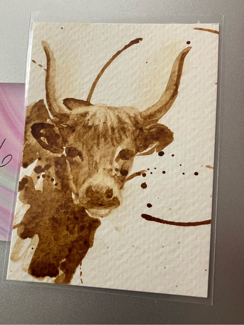 Aceo cow coffee painting western ATC gift art farm animal collectible by EAE